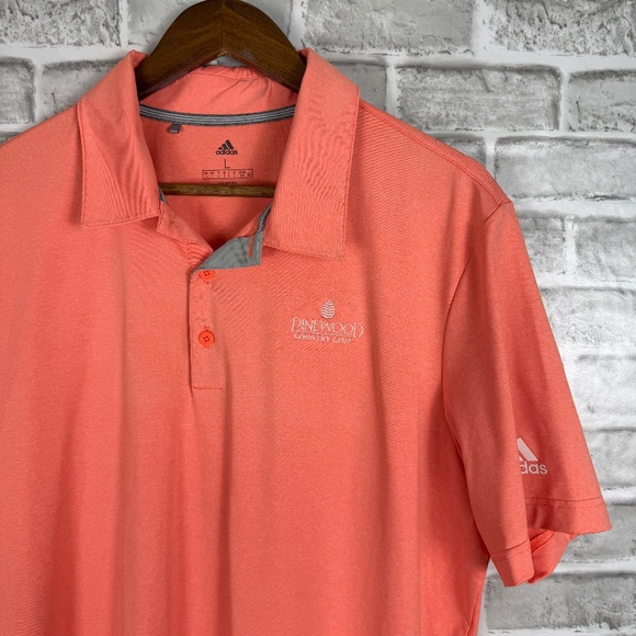 Adidas Golf x Pinewood CC Salmon Pink Performance Golf Polo Mens LARGE Stretch - Picture 1 of 8